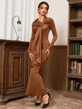 Round Neck Long Sleeve Slim-fit Pleated Ribbon Party Dinner Dress