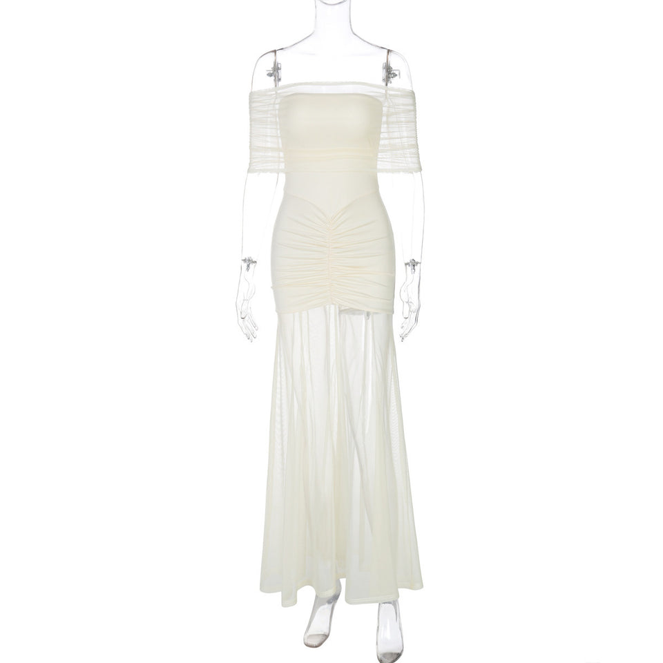 Women's Off-shoulder Pleated Mesh Stitching Dress