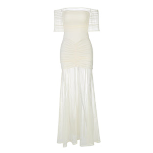 Women's Off-shoulder Pleated Mesh Stitching Dress