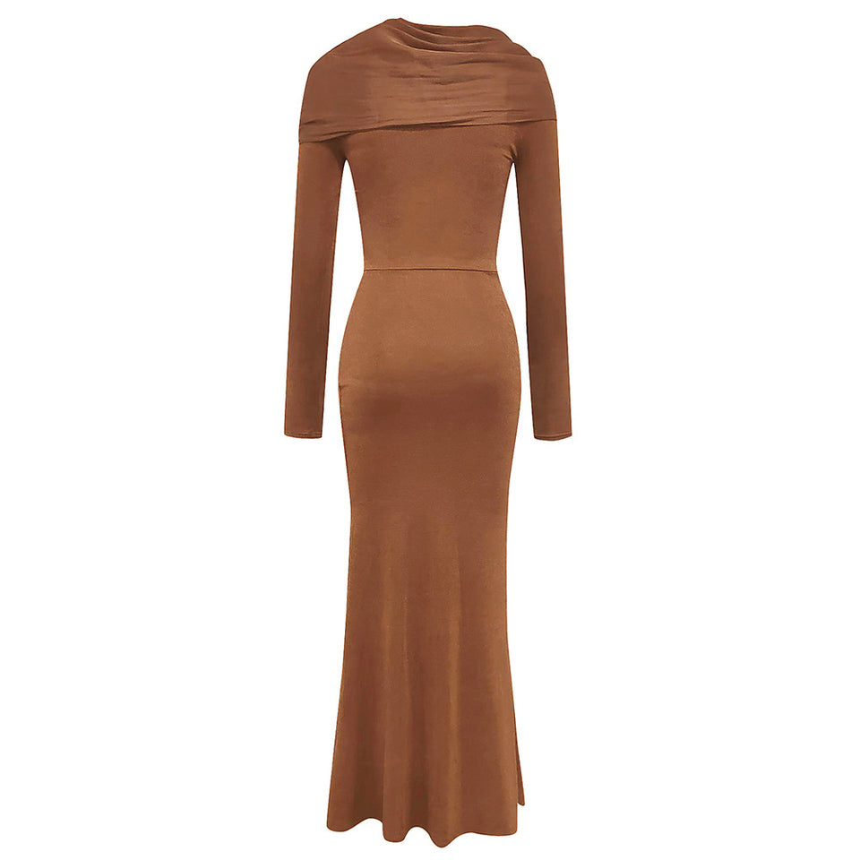 Round Neck Long Sleeve Slim-fit Pleated Ribbon Party Dinner Dress