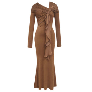 Round Neck Long Sleeve Slim-fit Pleated Ribbon Party Dinner Dress