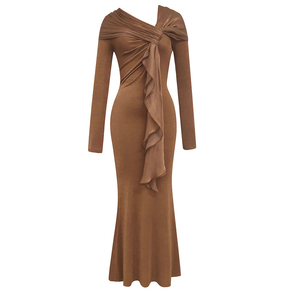 Round Neck Long Sleeve Slim-fit Pleated Ribbon Party Dinner Dress