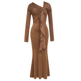 Round Neck Long Sleeve Slim-fit Pleated Ribbon Party Dinner Dress