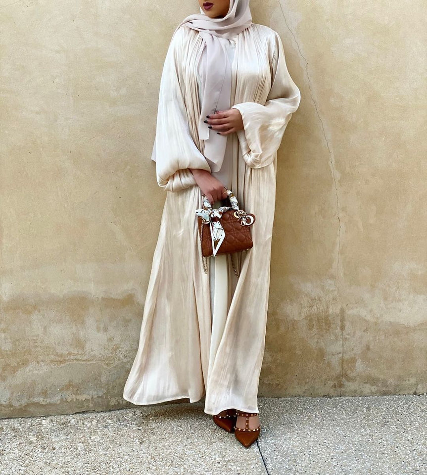 Eid Muslim Abaya Dress Kimono For Women Fashion Shining Silklike Summer Abayas Cardigan Puff Sleeve Dubai Turkey Clothes